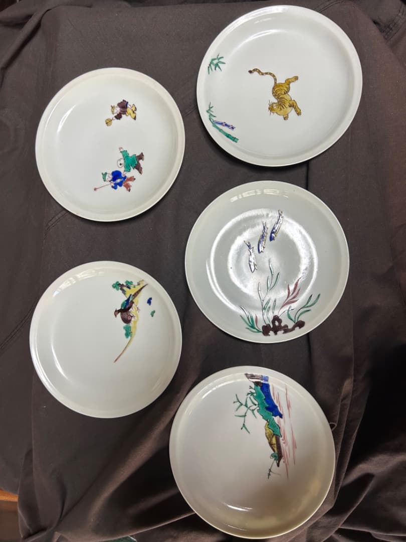 初代徳田八十吉　古九谷写絵変り中皿　5枚