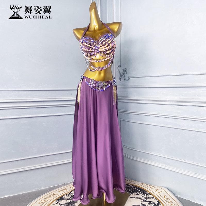 ベリーダンス衣装 パープル ブラトップ＋ロングスカート 高級ビジュー装飾