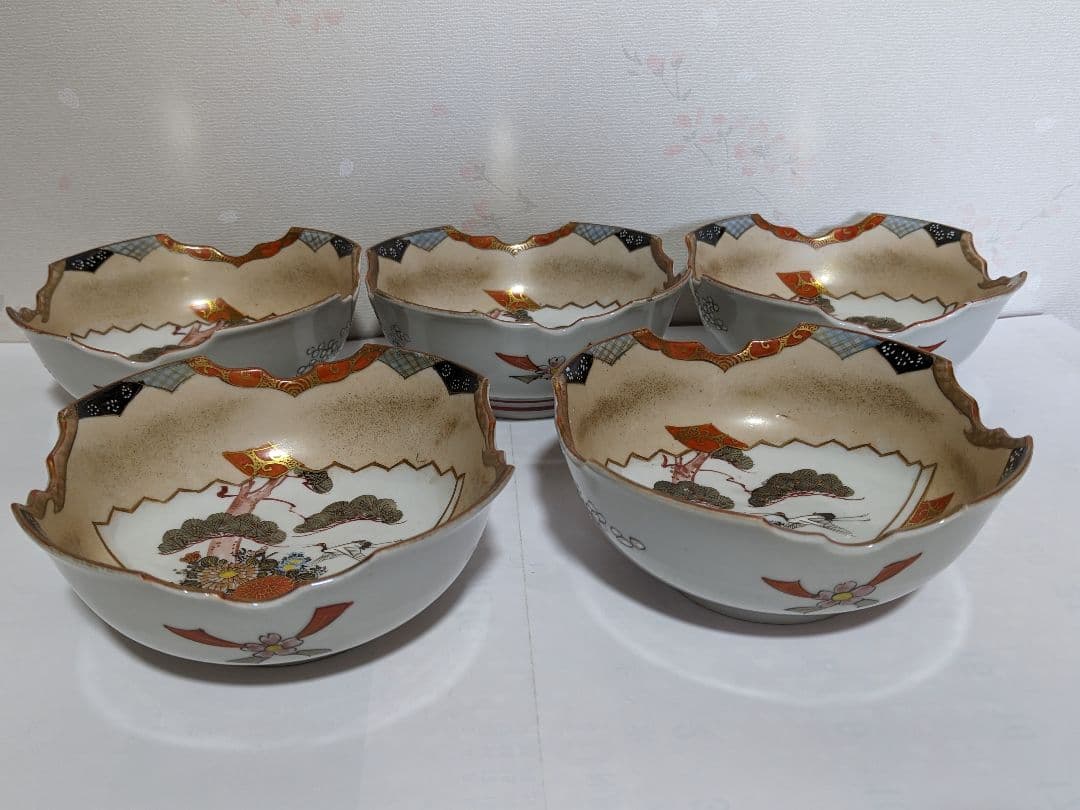 ♦九谷焼 明治時代 金彩色絵 団扇松鶴図 四方鉢 向付 茶道具 古美術 骨董品