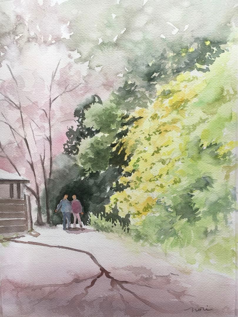 透明水彩画原画桜と山吹の散歩道
