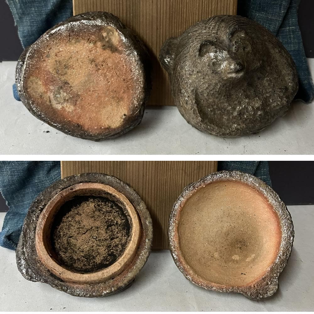 p031 古伊賀 狸 香合 木箱入り たぬき タヌキ 時代 茶道具