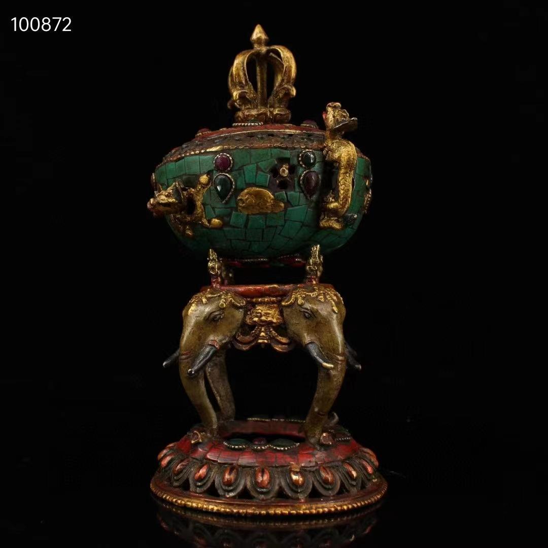 中国古美術・老純銅製・純手作り・鎏金高浮彫香炉・镶嵌宝石 ・熏香炉・置物・文房具