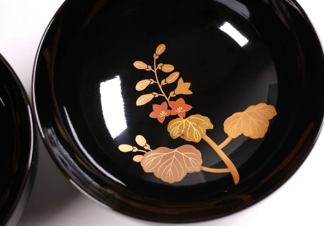 【CM400】天然木漆塗 菊桐鳳凰金蒔絵 黒塗 吸物椀 二客 昭和期 木製漆器