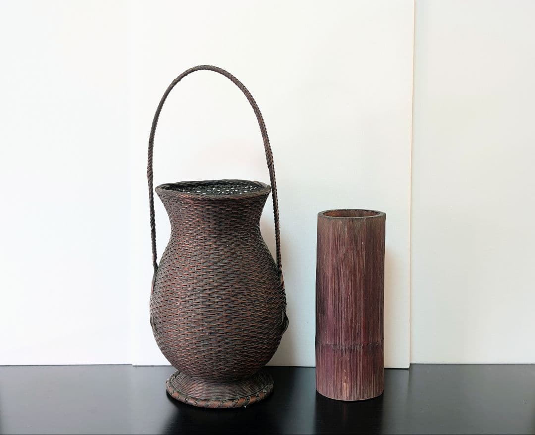 竹良作 花籠 竹籠 竹筒 古竹 華道具 細密 作家物 古美術