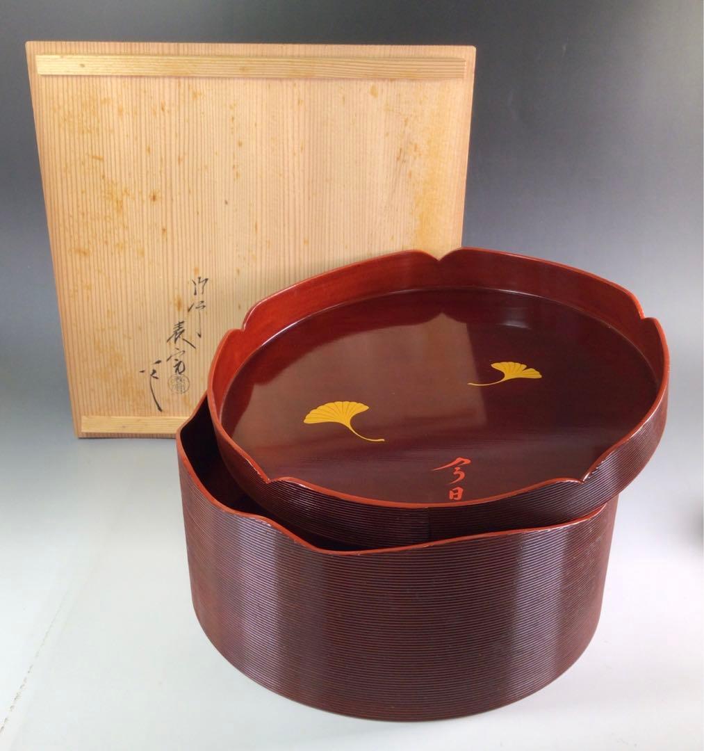 Ｒ３５６　千歳盆　『塗師　川瀬表完作』『花押』『銀杏蒔絵』　共箱　茶道具