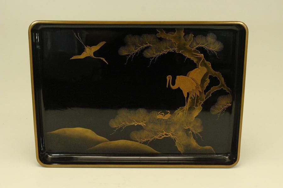 松上鶴蒔絵 四方盆 時代物(A981)