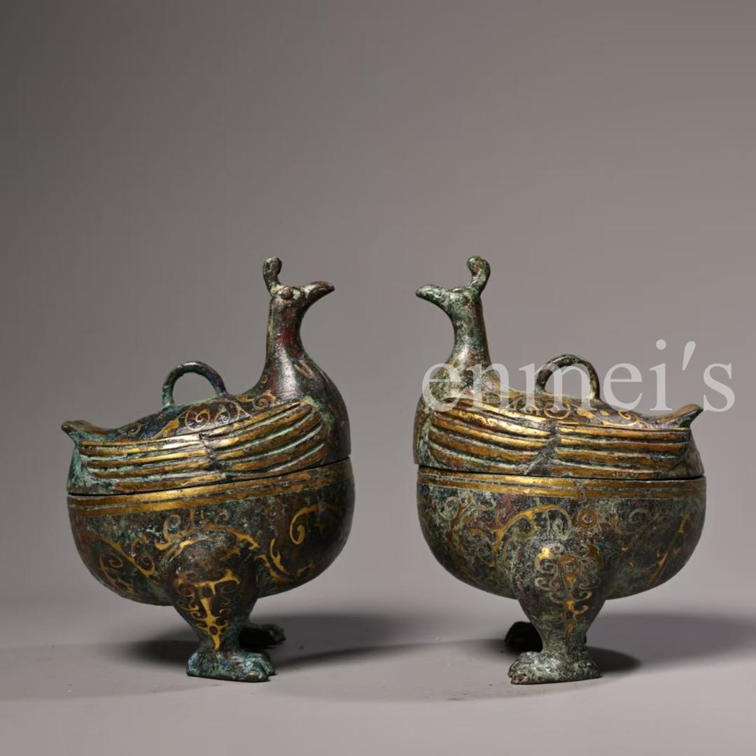 中国古美術・旧蔵错金鳥形蓋付き壺セット・青銅製・純手作り・高浮彫・置物・茶道具