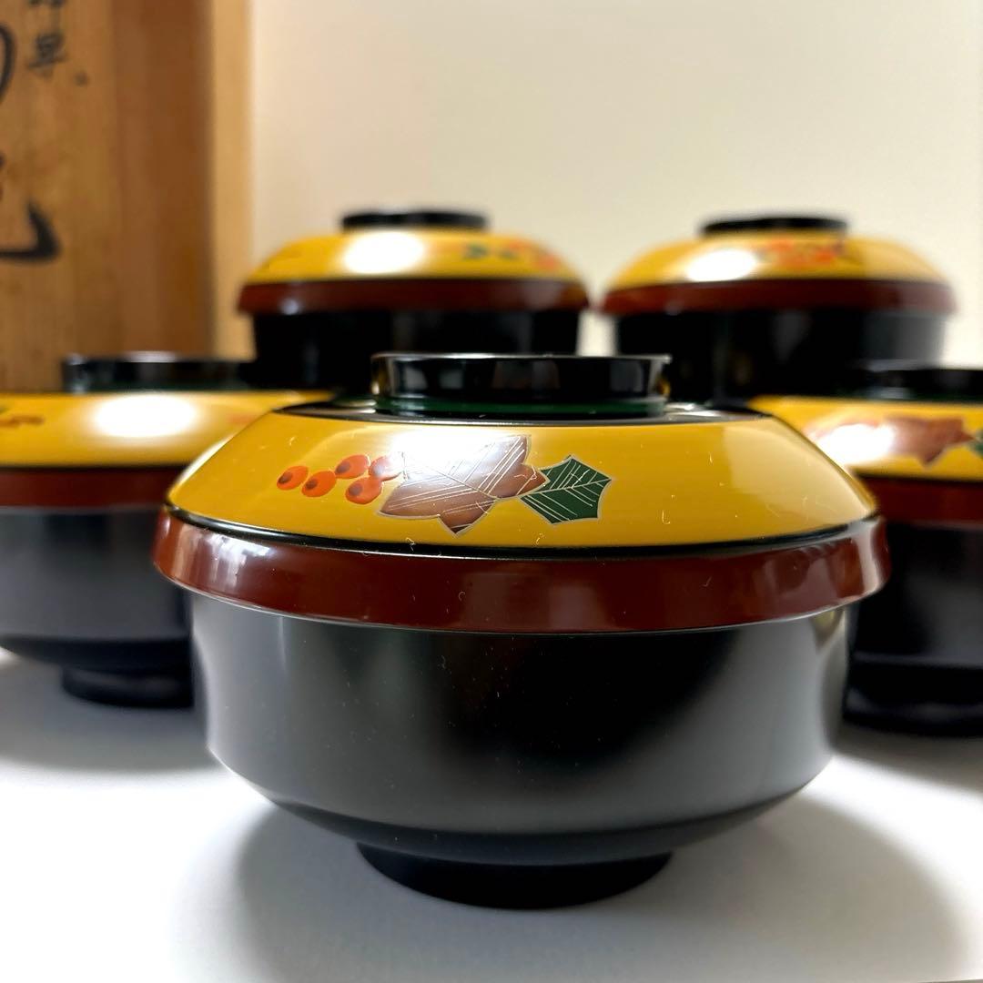 木製漆器　山人艸果蒔絵　煮物椀　山中塗　蓋付煮物椀五客揃い　アンティーク高級漆器