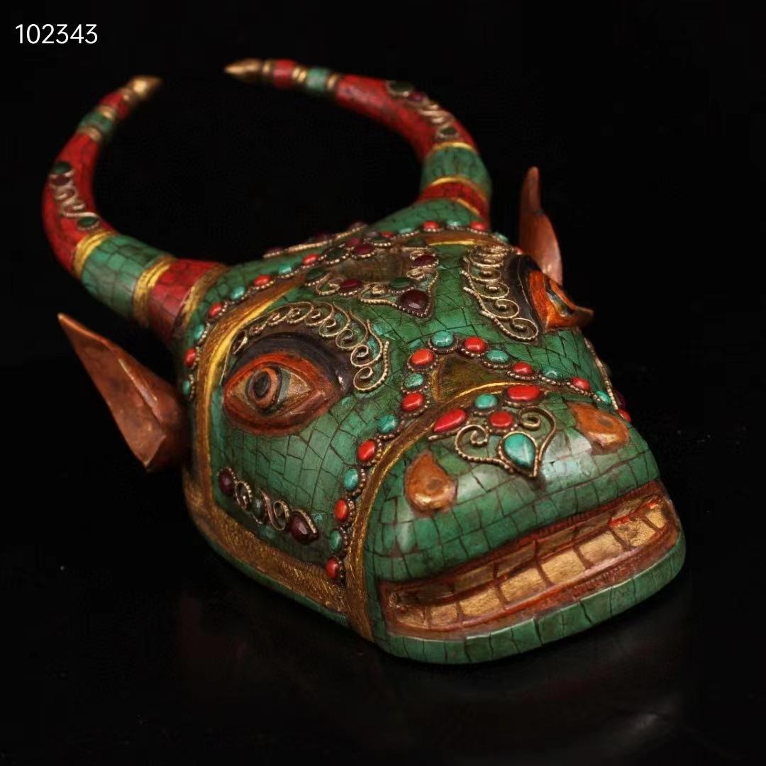 中国古美术・チベット収蔵・古純銅制・純手描き・宝石を嵌め牛頭・彩繪描金・文房置物