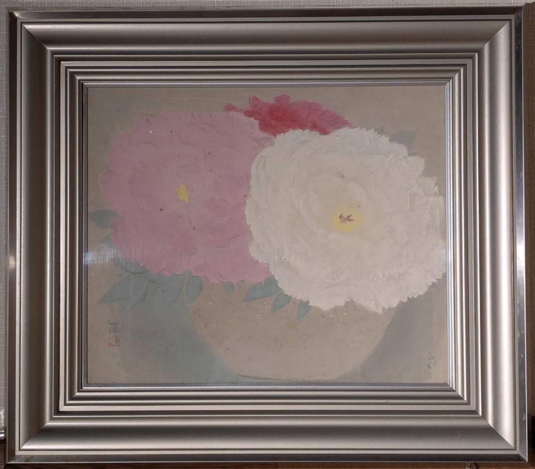 【真作】絵画　小栗正　日本画8号　牡丹　上品な彩色の花静物　箱・黄袋入　Y38