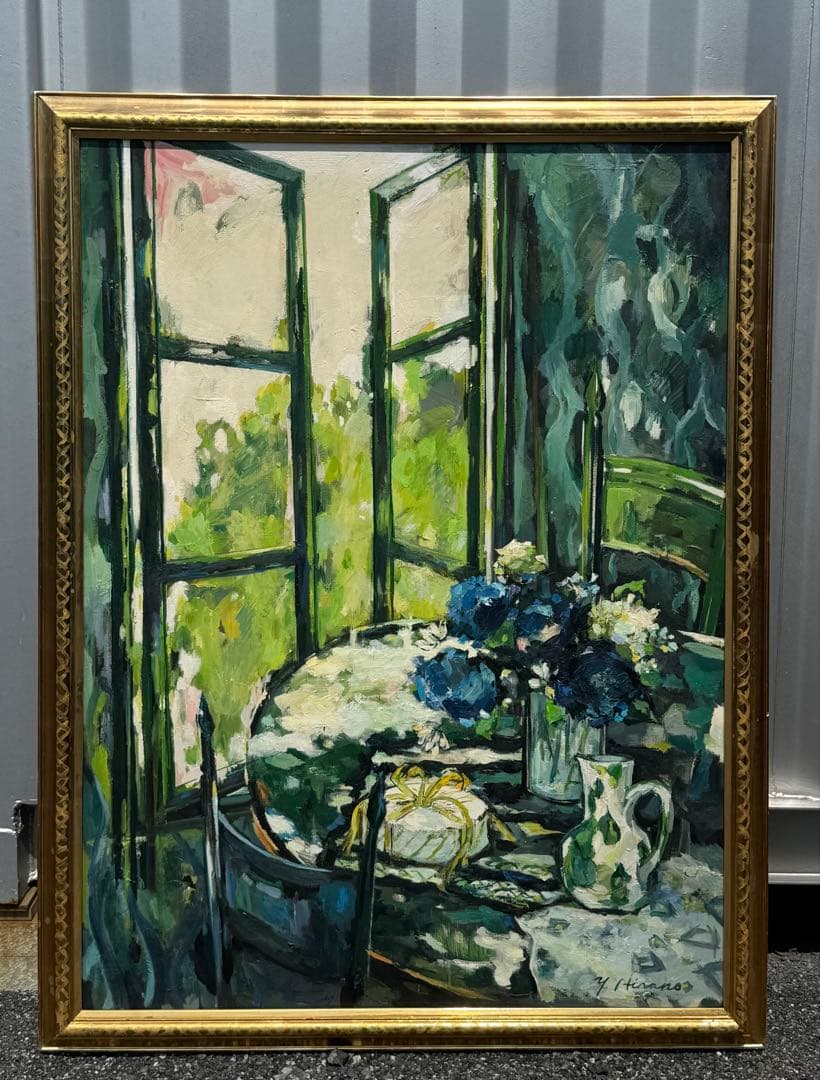 平野能子作　油彩絵　窓を開けて　直筆　示現会作品　額装　送料込み0822