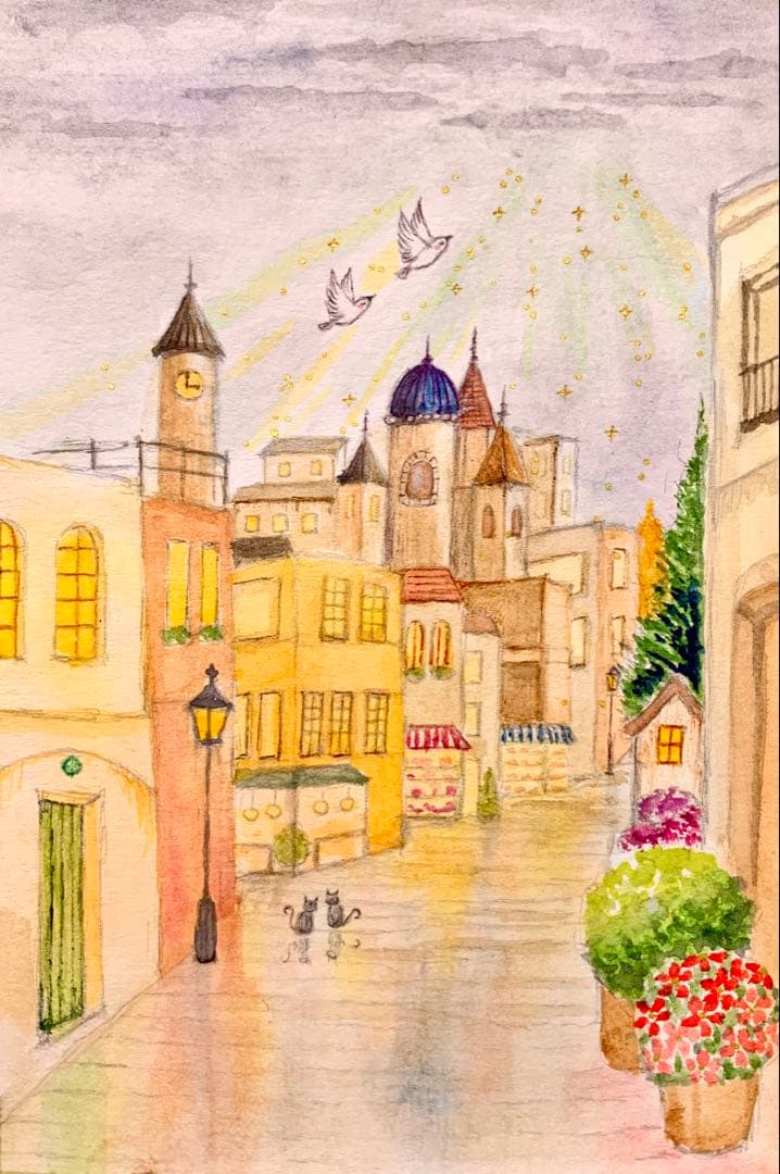 もも手描き水彩画 雨上がりの街並み　値段は※900円です
