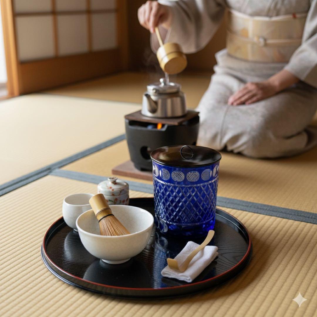 【美品】　江戸切子ガラス　瑠璃色 水指 / 茶道具 ふた、共箱付き　水差し